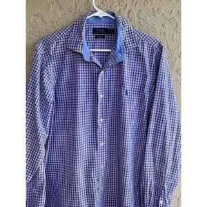 Polo Ralph Lauren Size Large Blue Purple Plaid Stretch 100% Cotton Mens Shirt